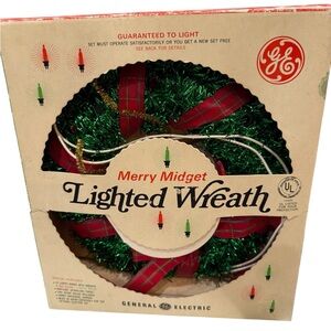 GE Festive Lighted Wreath - Green and Red 12 lights VTG As Is Original Box